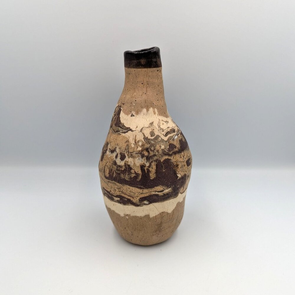 Vtg Signed Art Pottery Vase Mid Century Folk Primitive Marbled Lava Clay Jug 8.5